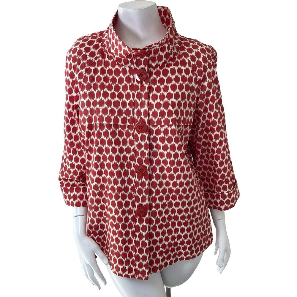 3 Sisters Swing Jacket 3/4 Sleeves M Cotton Artsy Bold Red Ikat Print Office